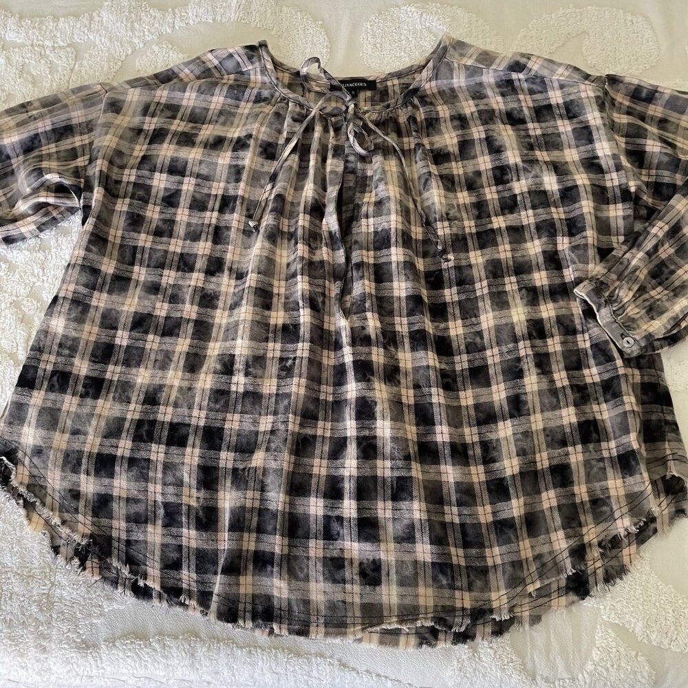 Olivaceous Blouse Top Boho Long Sleeve Tie Dye Plaid 100% Cotton Comfy Casual S
